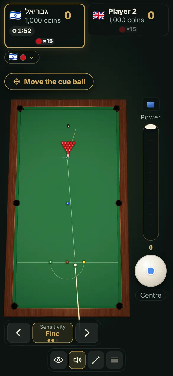 Game screen: a snooker table from above, the cue aimed at the red triangle